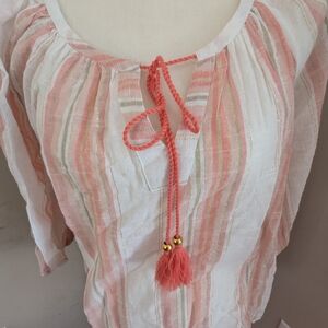 Unique Spectrum Pink and White Tie Front 3/4 Sleeve Blouse